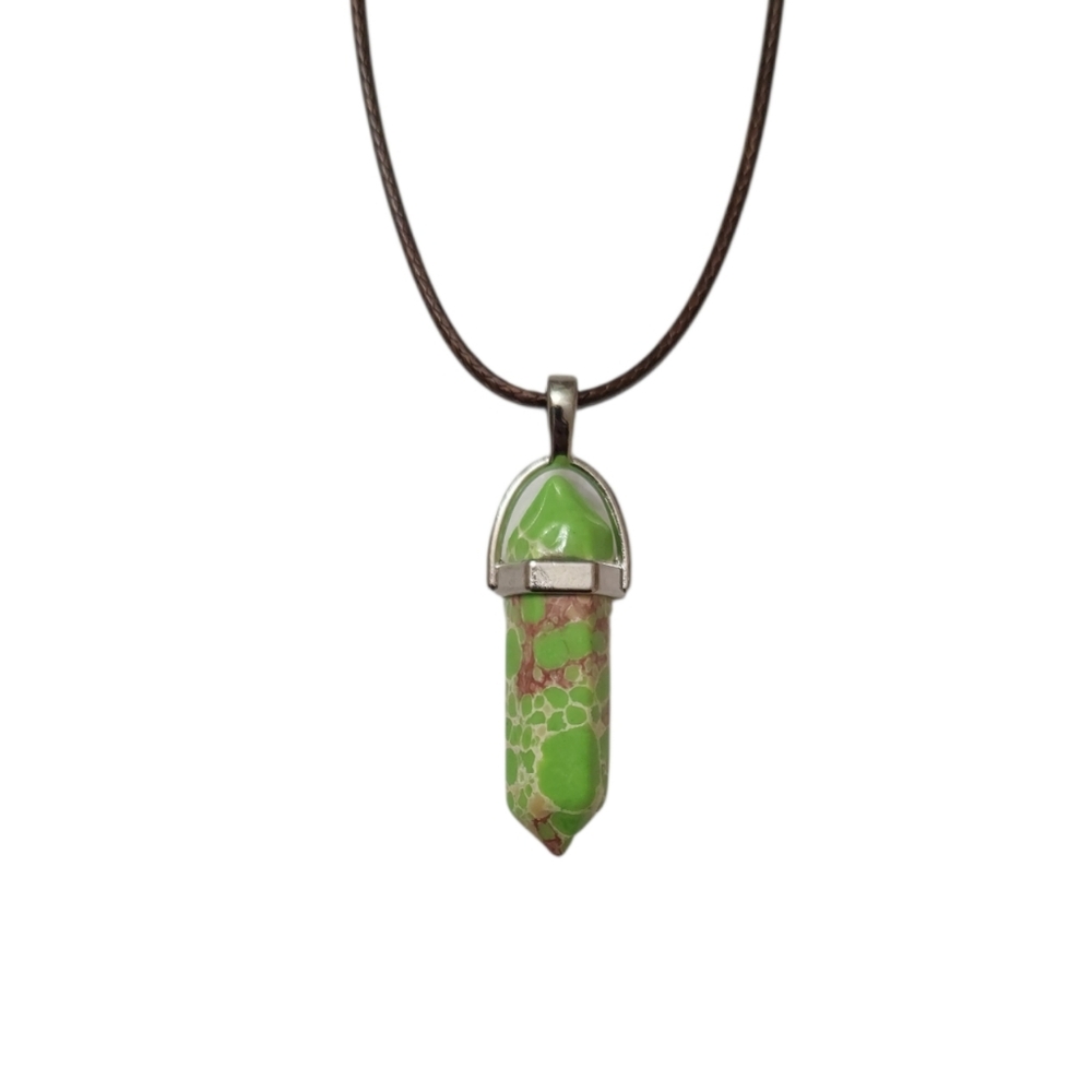 Natural Green Jasper Chakra Healing Crystal Point‎ Pendant Brown Cord Necklace